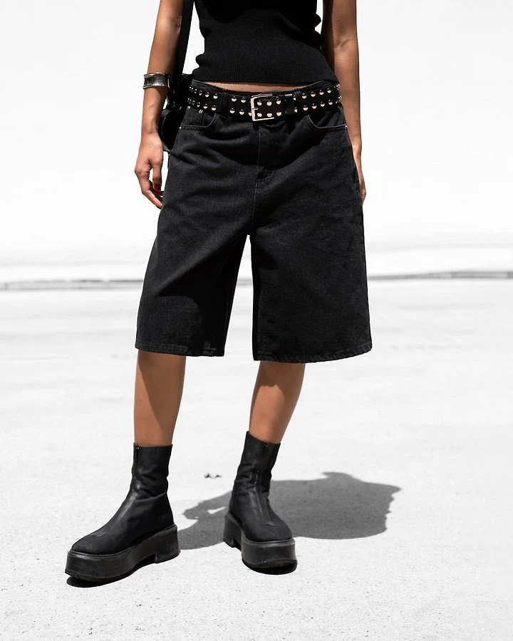 Paper Moon - Korean Women Fashion - #momslook - Classic Wide Bermuda Washed Black Denim Trousers - 4