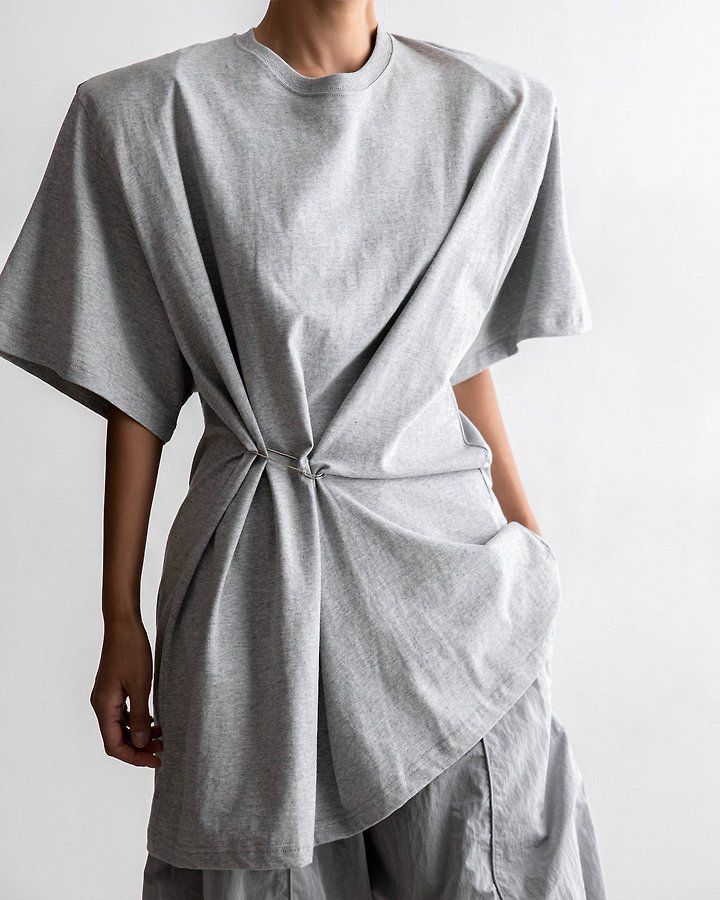 Paper Moon - Korean Women Fashion - #womensfashion - Pleated Pinch Pin Detail Oversized Shoulder Padded Tee - 3