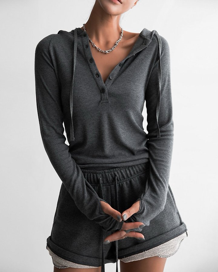 Paper Moon - Korean Women Fashion - #womensfashion - Finger Hole Sleeve Button Point Jersey Hoodie