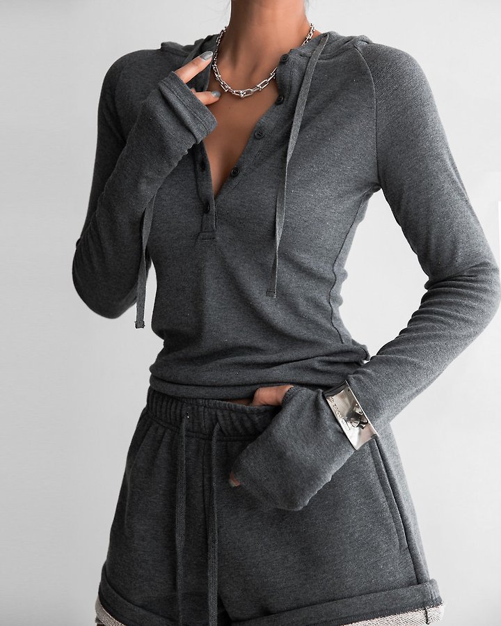 Paper Moon - Korean Women Fashion - #womensfashion - Finger Hole Sleeve Button Point Jersey Hoodie - 3
