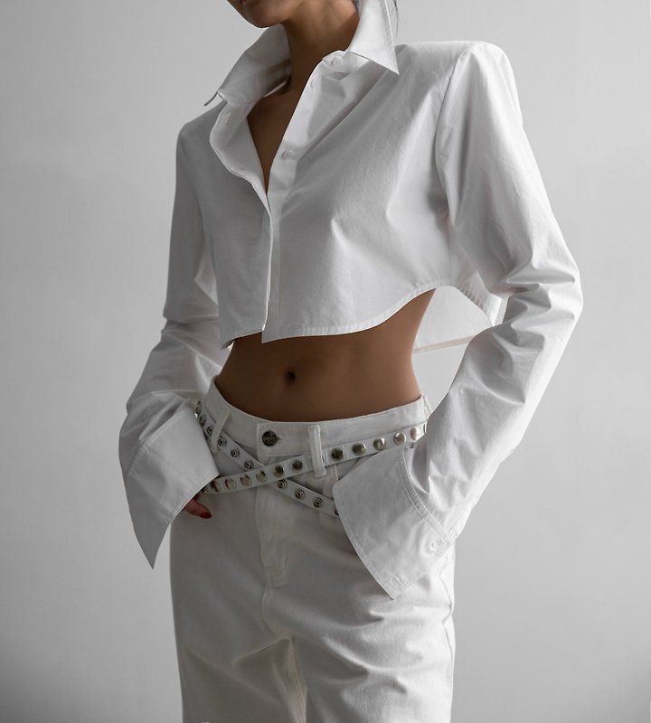 Paper Moon - Korean Women Fashion - #womensfashion - Classic Shoulder Pad Crop Button-Down Shirt - 2