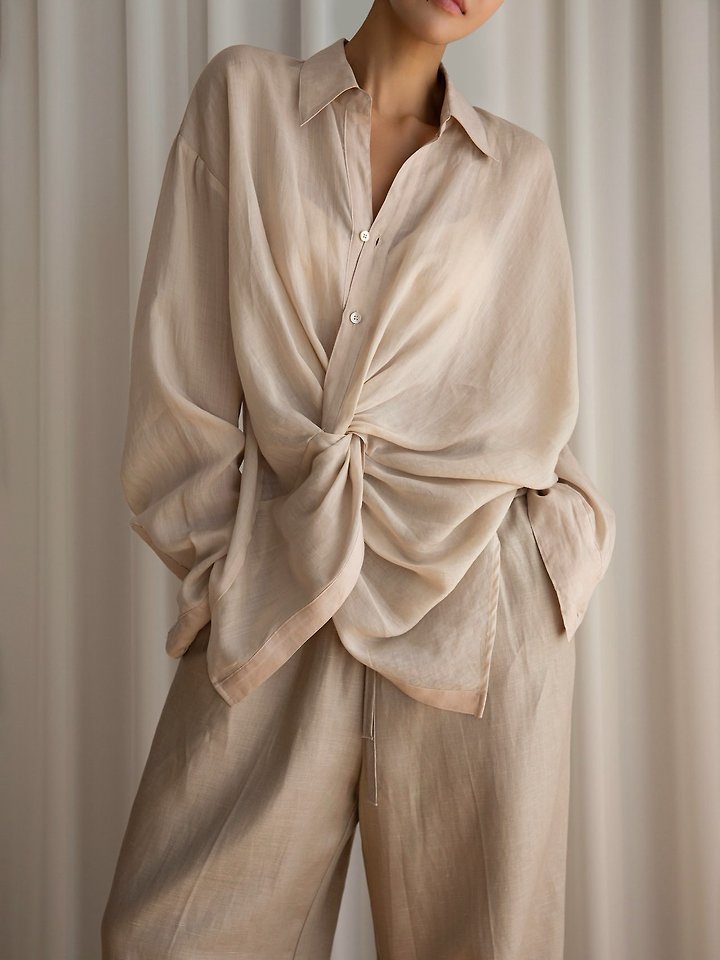 Paper Moon - Korean Women Fashion - #momslook - Draped Knot Linen Shirt - 4