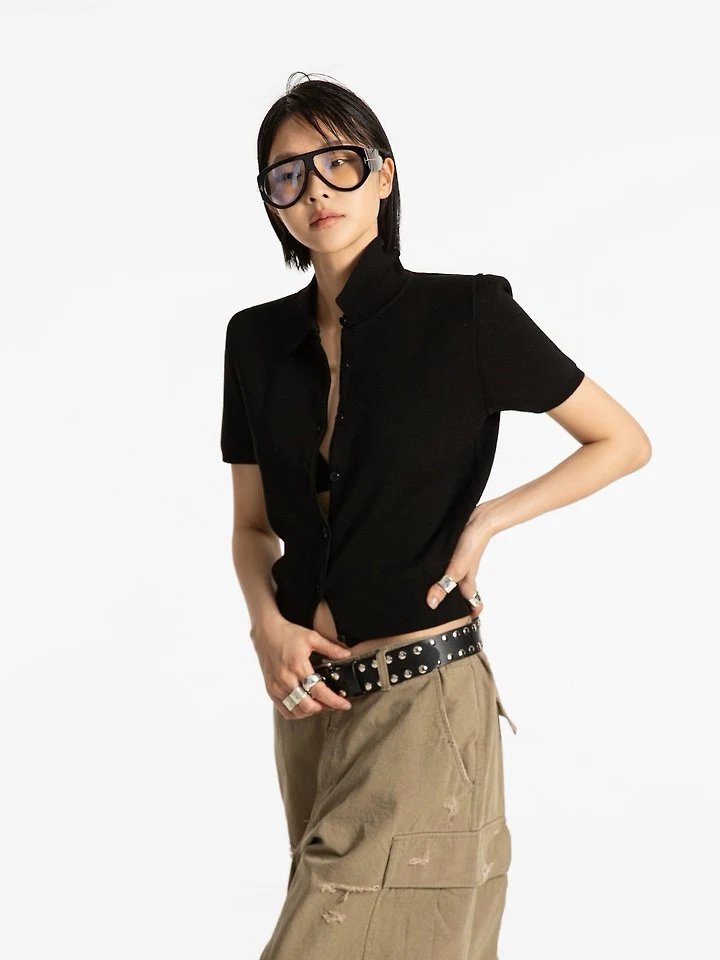 Paper Moon - Korean Women Fashion - #womensfashion - Collar Short Sleeve Button Cardigan - 6