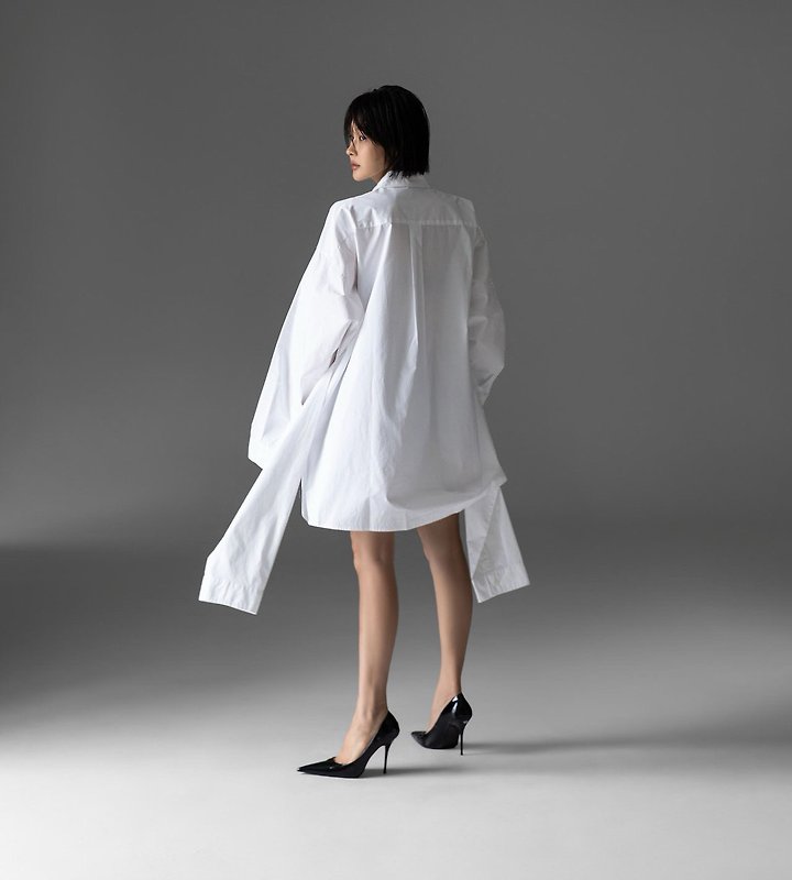 Paper Moon - Korean Women Fashion - #womensfashion - Oversized Knot Sleeve Detail Button-Down Shirt One-piece - 3