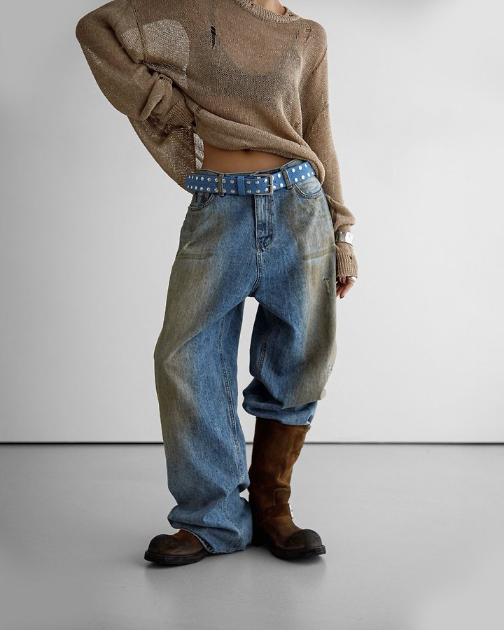 Paper Moon - Korean Women Fashion - #womensfashion - Dusty Mud Washed Wide Denim Trousers
