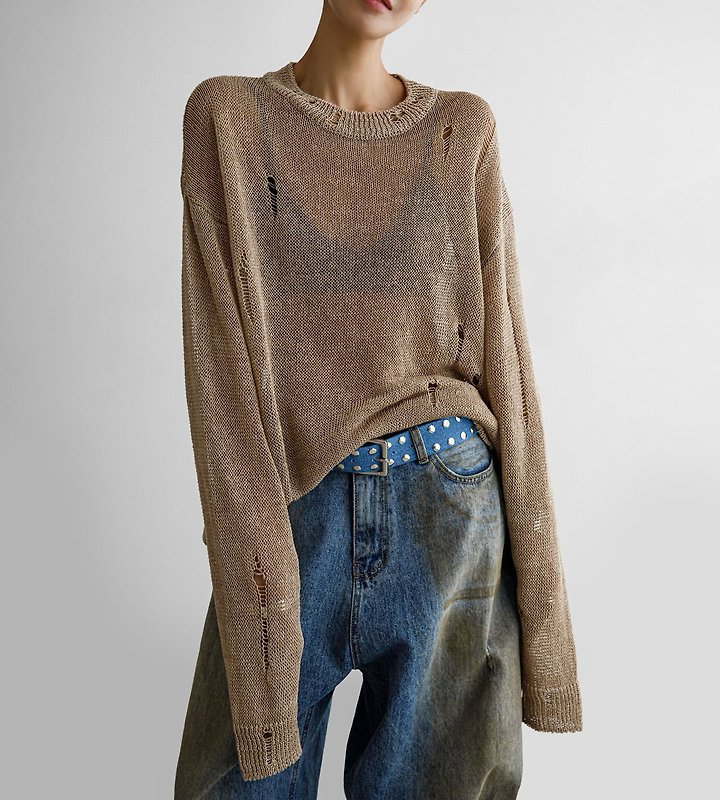 Paper Moon - Korean Women Fashion - #momslook - Distressed Sheer Linen Knit - 4