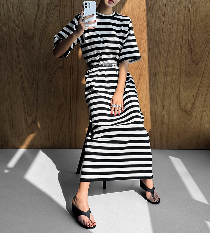Paper Moon - Korean Women Fashion - #womensfashion - Striped Pattern Ribbed Maxi One-piece - 3