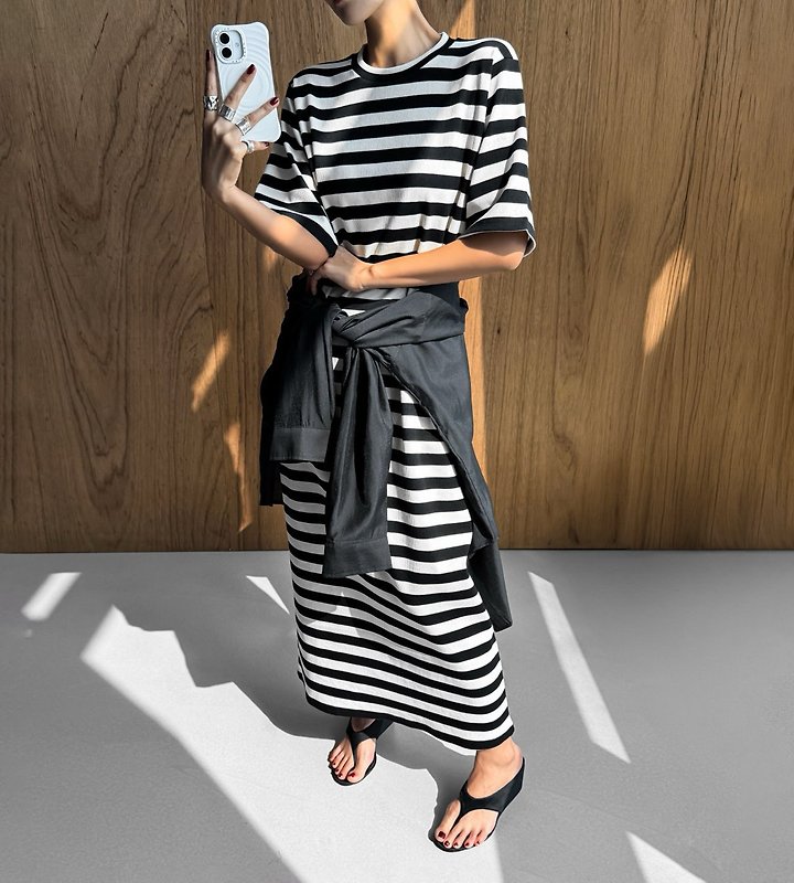 Paper Moon - Korean Women Fashion - #womensfashion - Striped Pattern Ribbed Maxi One-piece - 5