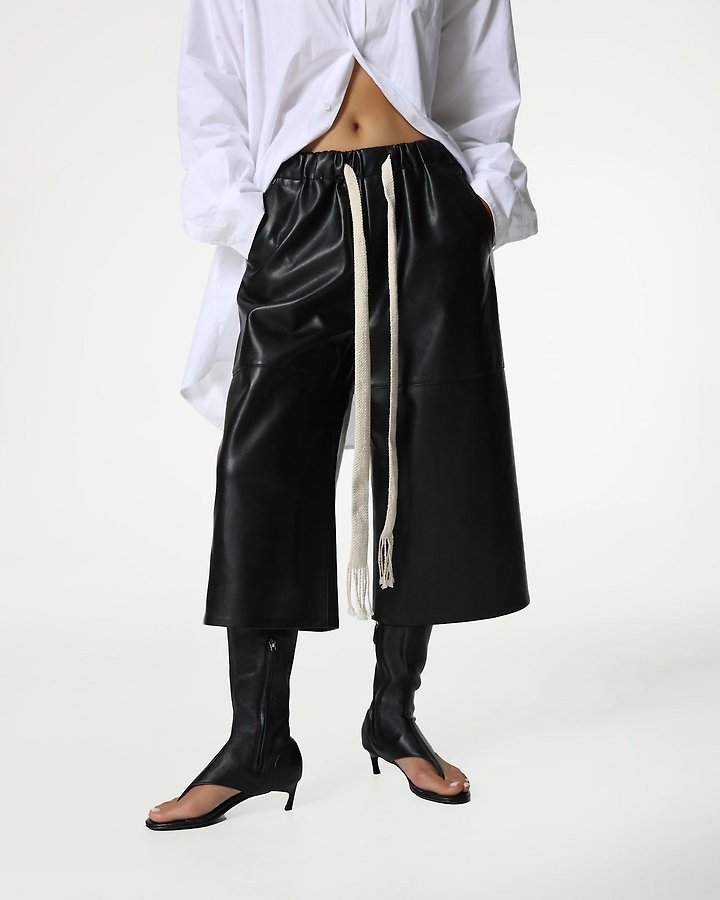 Paper Moon - Korean Women Fashion - #womensfashion - Drawstring Leather Wide Culottes Trousers - 2