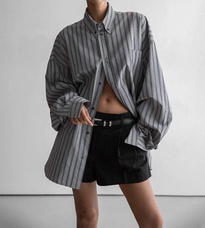 Paper Moon - Korean Women Fashion - #womensfashion - Oversized Striped Pattern Pocket Button Down Shirt - 3