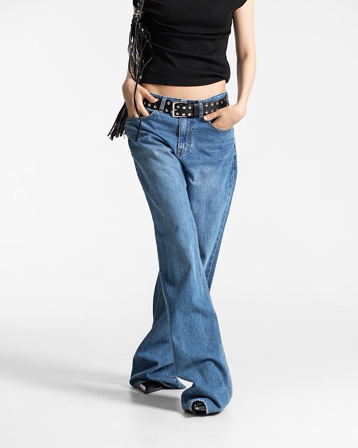 Paper Moon - Korean Women Fashion - #womensfashion - Classic Raw-Cut Wide Fit Mid Blue Jeans - 7
