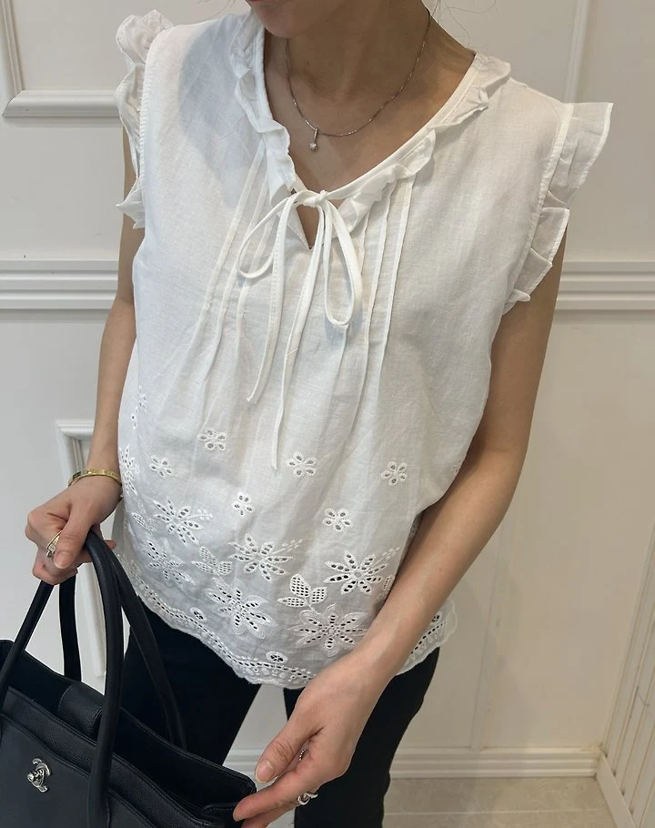 Pearls room - Korean Women Fashion - #momslook - Embroidered Pintuck Sleeveless Blouse - 6