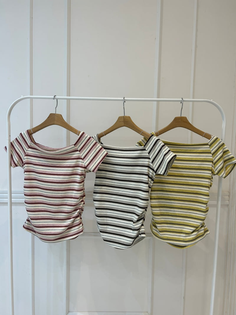 Pearls room - Korean Women Fashion - #momslook - Striped Boat Neck Tee
