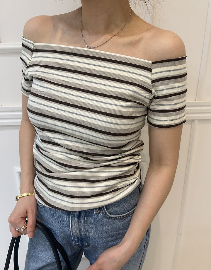 Pearls room - Korean Women Fashion - #momslook - Striped Boat Neck Tee - 11