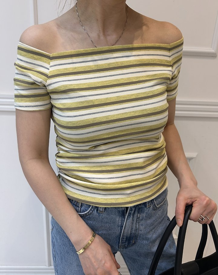 Pearls room - Korean Women Fashion - #momslook - Striped Boat Neck Tee - 3