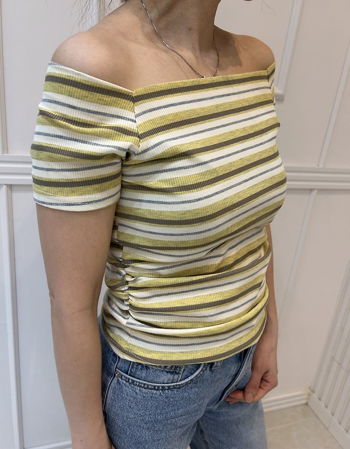 Pearls room - Korean Women Fashion - #momslook - Striped Boat Neck Tee - 5