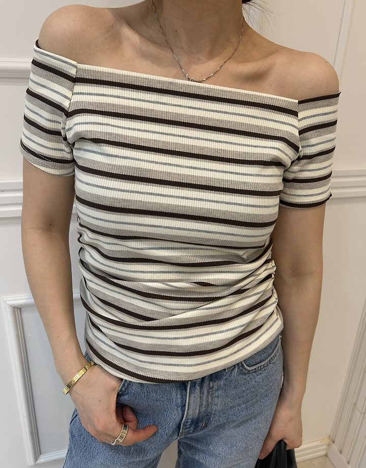 Pearls room - Korean Women Fashion - #momslook - Striped Boat Neck Tee - 7