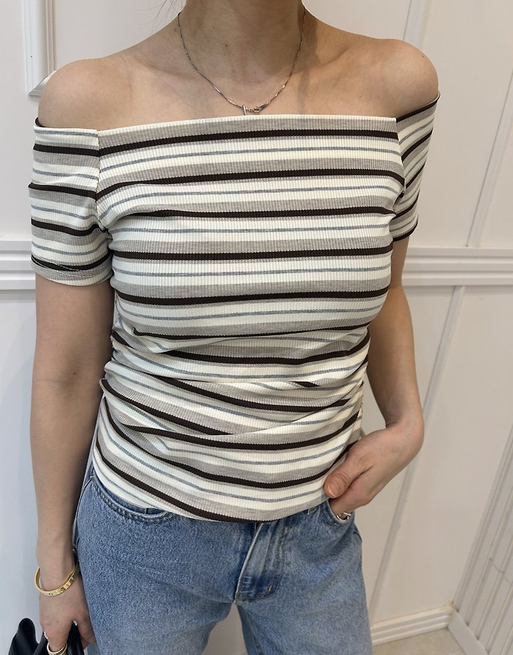 Pearls room - Korean Women Fashion - #momslook - Striped Boat Neck Tee - 9
