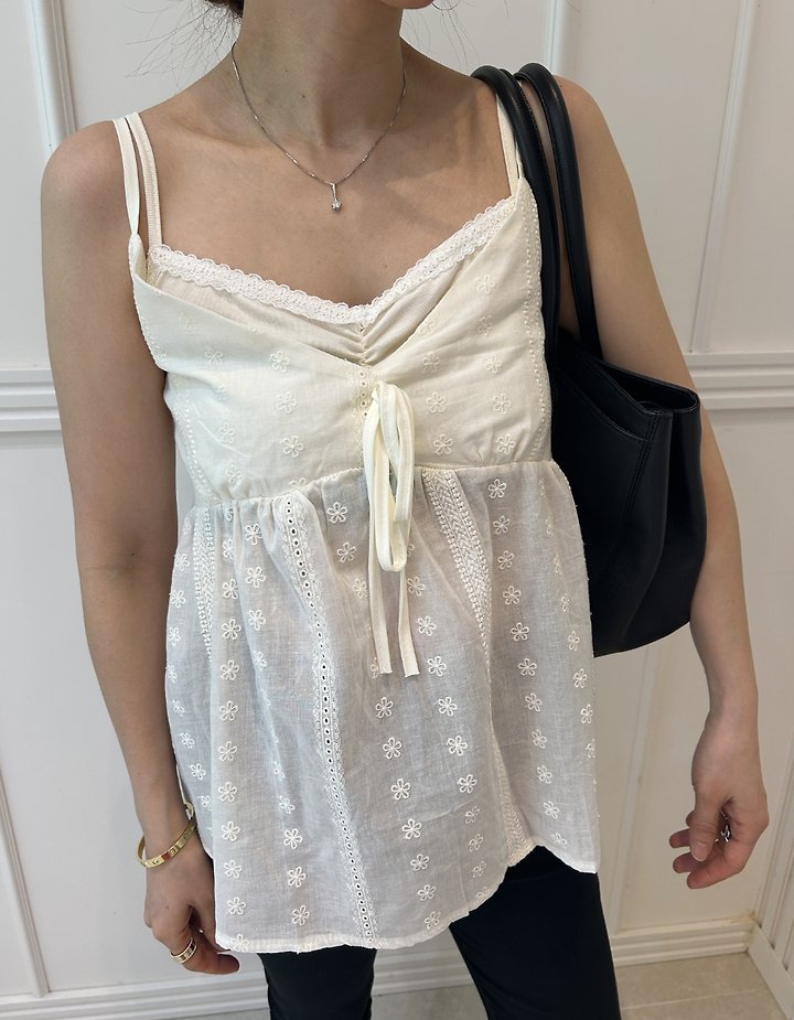 Pearls room - Korean Women Fashion - #momslook - Punching Lace Double Sleeveless Top - 10