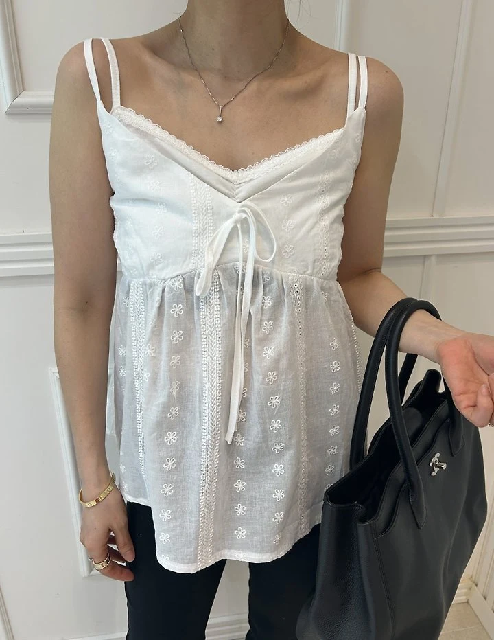 Pearls room - Korean Women Fashion - #momslook - Punching Lace Double Sleeveless Top - 2