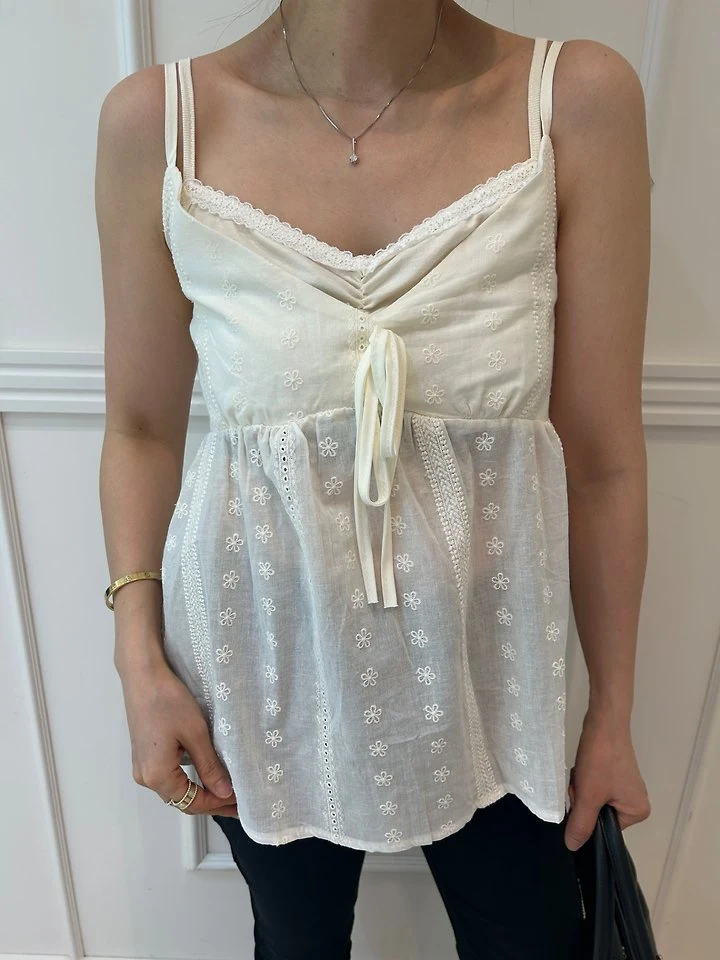 Pearls room - Korean Women Fashion - #momslook - Punching Lace Double Sleeveless Top - 6