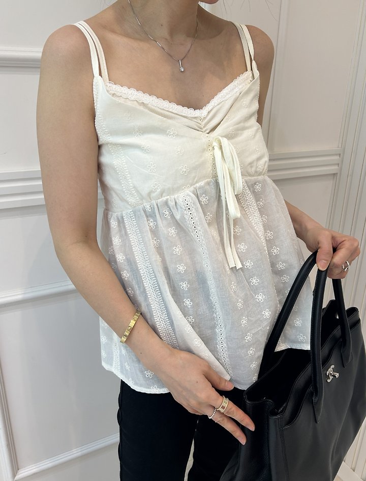 Pearls room - Korean Women Fashion - #momslook - Punching Lace Double Sleeveless Top - 8