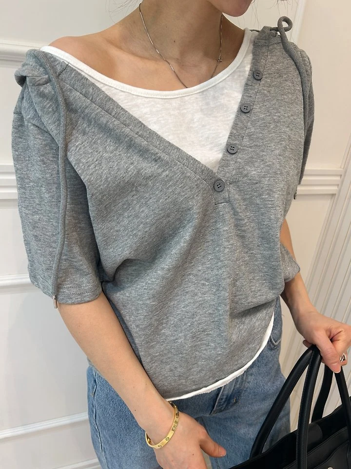 Pearls room - Korean Women Fashion - #momslook - Layered V-Neck Hoodie - 3