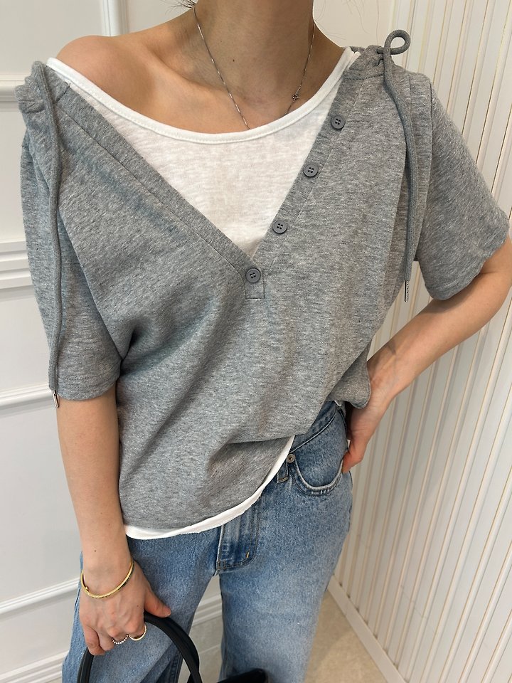 Pearls room - Korean Women Fashion - #momslook - Layered V-Neck Hoodie - 4