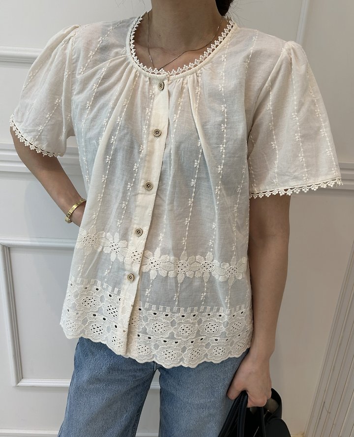 Pearls room - Korean Women Fashion - #momslook - Punching Lace Blouse - 11