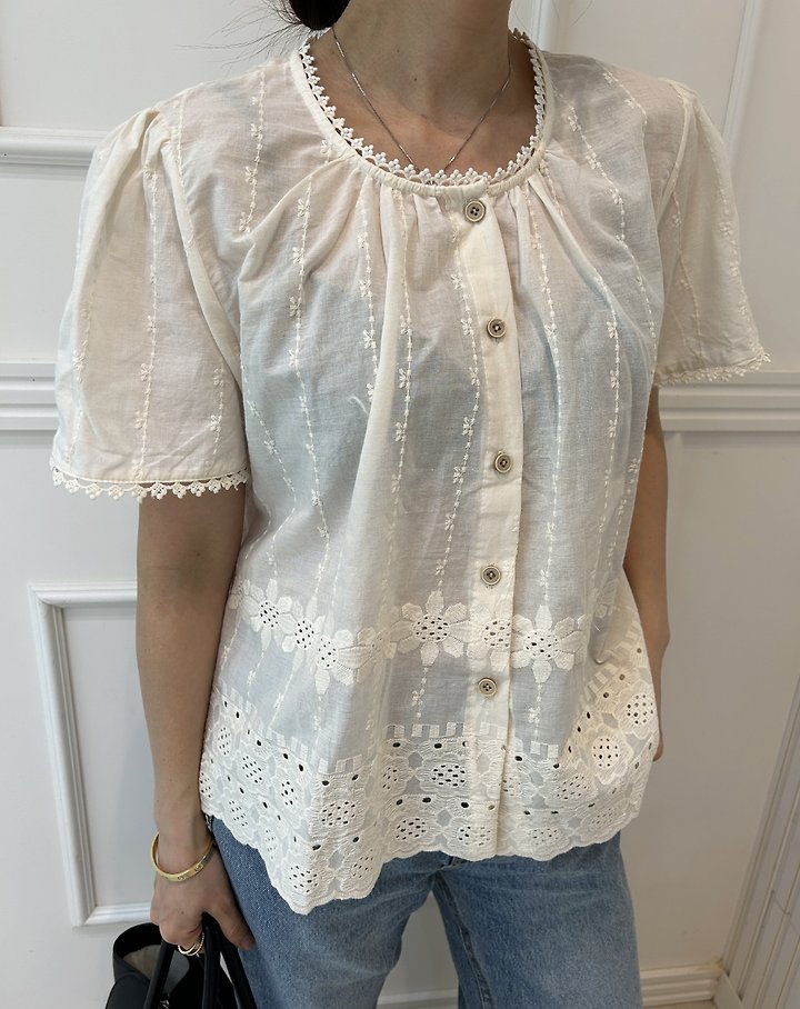 Pearls room - Korean Women Fashion - #momslook - Punching Lace Blouse - 9