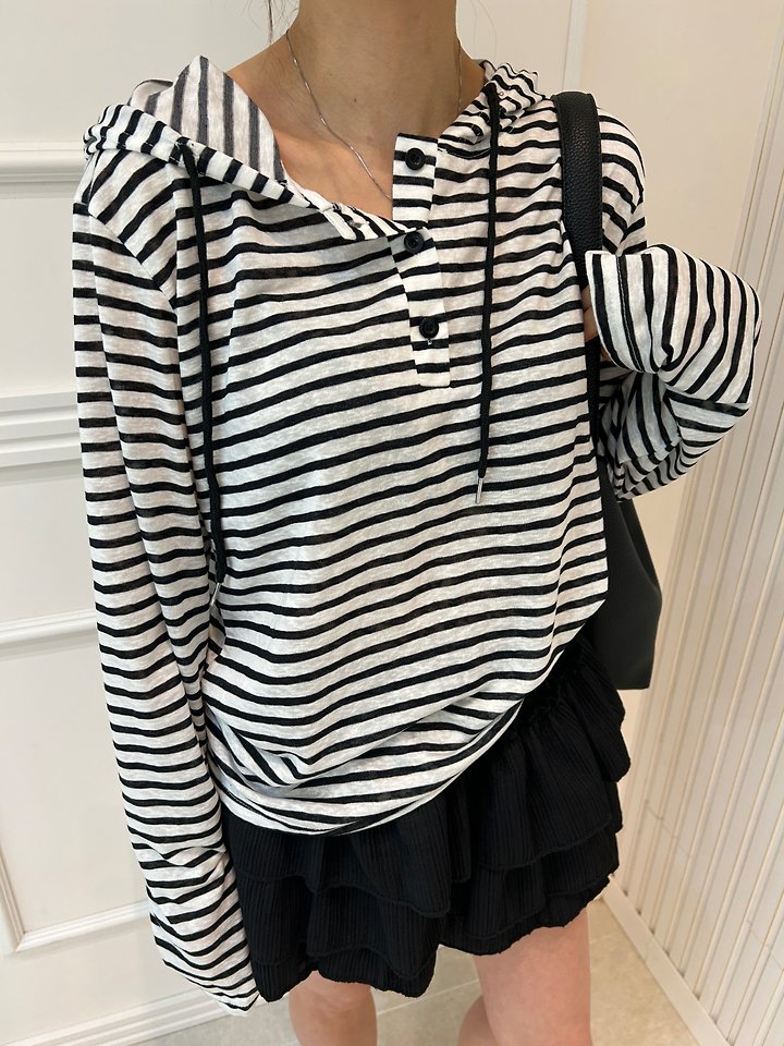 Pearls room - Korean Women Fashion - #momslook - Striped Hoodie - 2