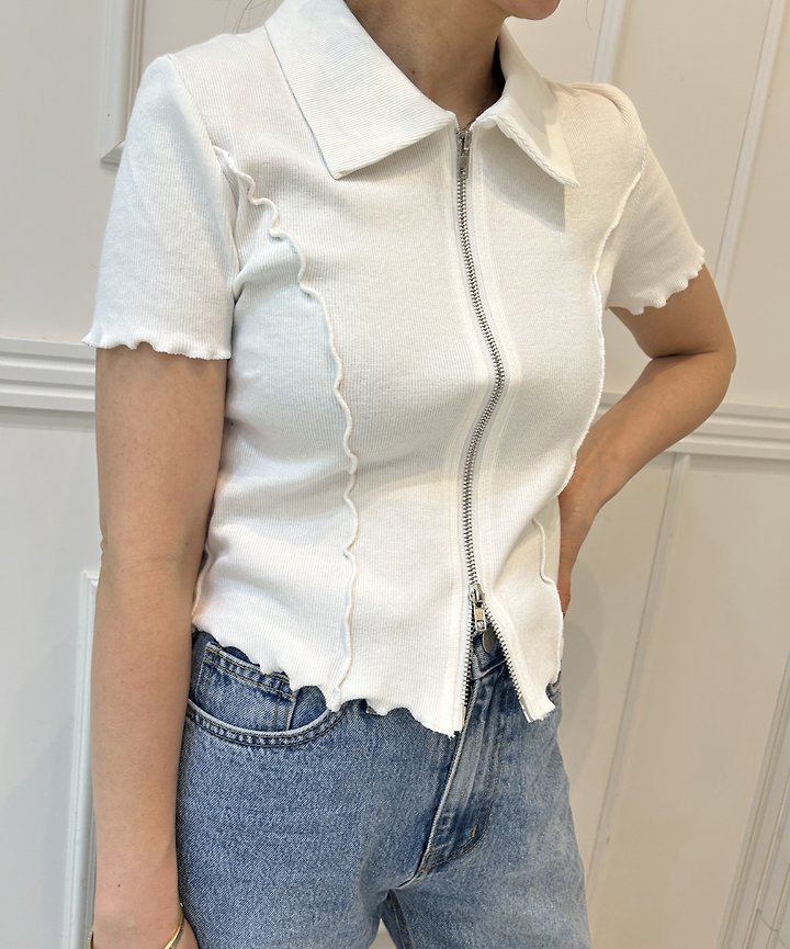 Pearls room - Korean Women Fashion - #momslook - Two-Way Zip Collar Tee - 10