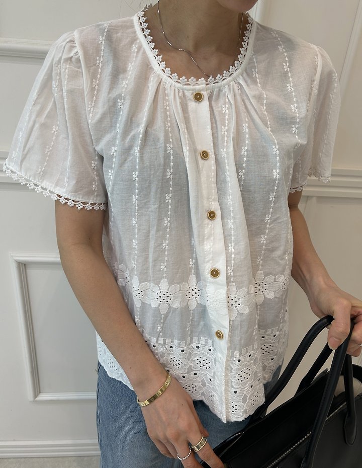Pearls room - Korean Women Fashion - #pursuepretty - Punching Lace Blouse - 3