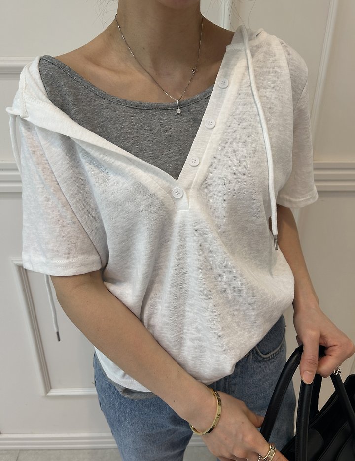 Pearls room - Korean Women Fashion - #restrostyle - Layered V-Neck Hoodie - 9