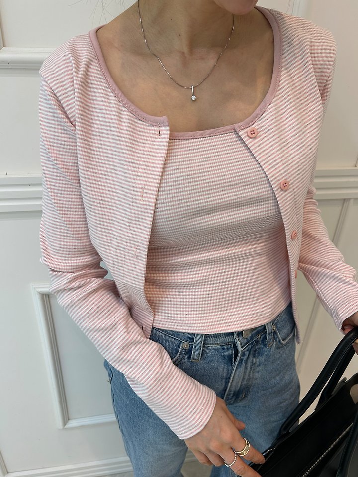 Pearls room - Korean Women Fashion - #restrostyle - Ribbed Stripe Set - 3