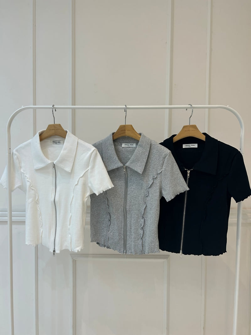 Pearls room - Korean Women Fashion - #restrostyle - Two-Way Zip Collar Tee