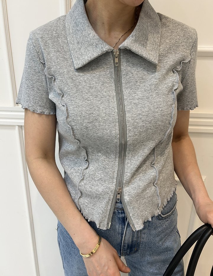 Pearls room - Korean Women Fashion - #romanticstyle - Two-Way Zip Collar Tee - 2