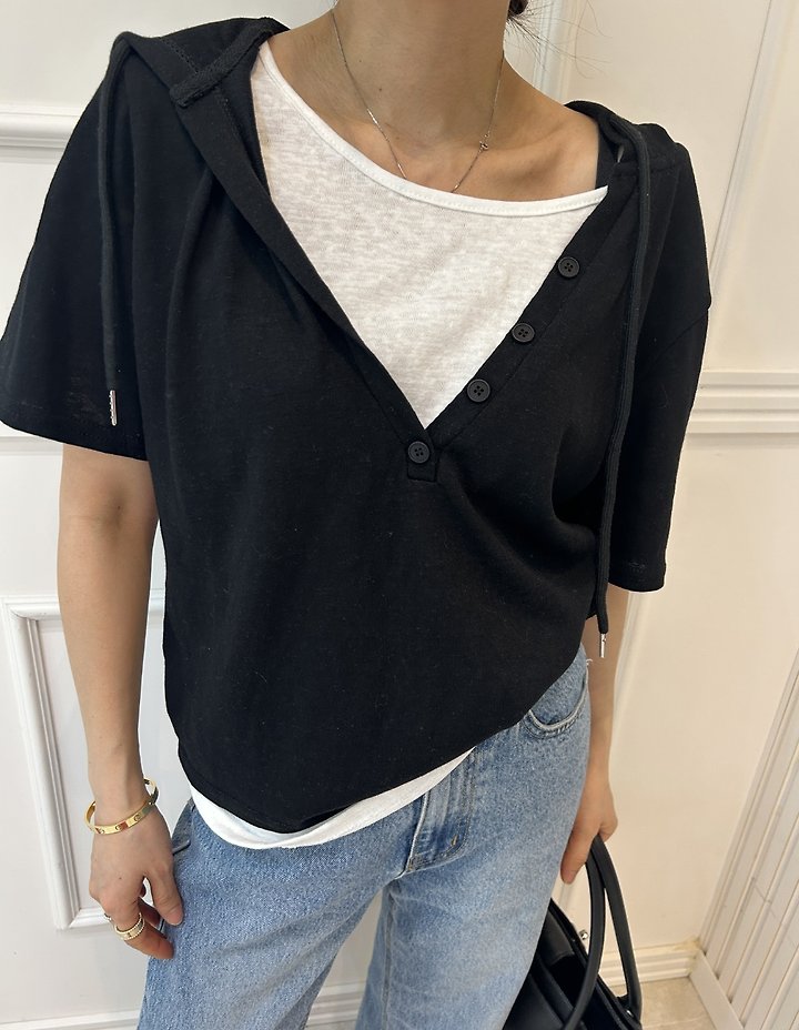Pearls room - Korean Women Fashion - #shopsmall - Layered V-Neck Hoodie - 11