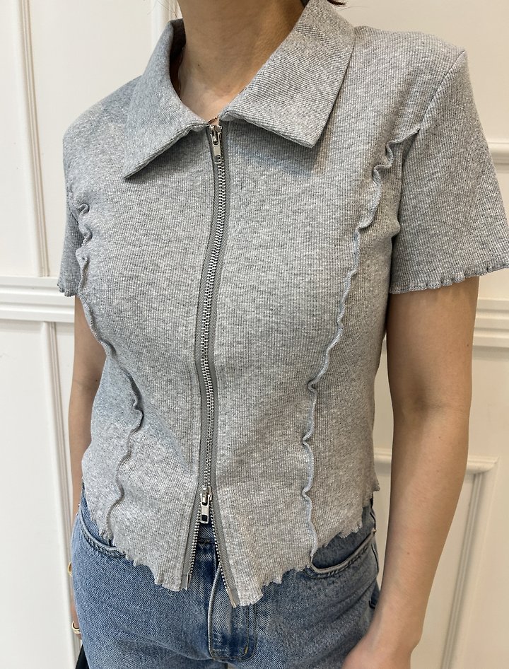 Pearls room - Korean Women Fashion - #shopsmall - Two-Way Zip Collar Tee - 3