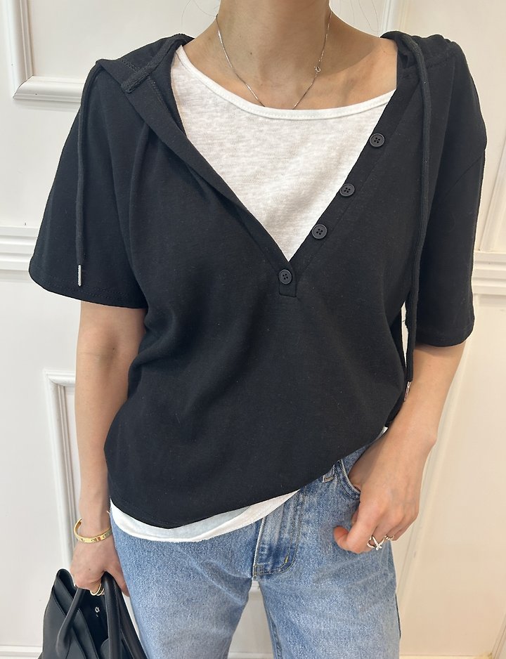 Pearls room - Korean Women Fashion - #thatsdarling - Layered V-Neck Hoodie - 12