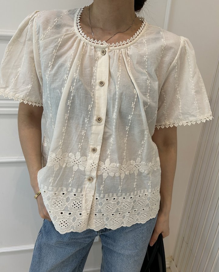 Pearls room - Korean Women Fashion - #thatsdarling - Punching Lace Blouse - 7