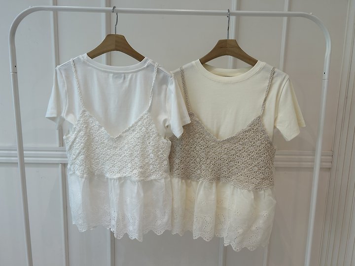 Pearls room - Korean Women Fashion - #vintageinspired - Lace Short Sleeve Set - 12