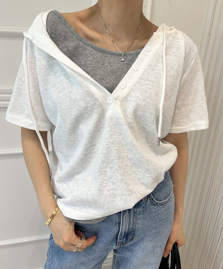 Pearls room - Korean Women Fashion - #vintageinspired - Layered V-Neck Hoodie - 6