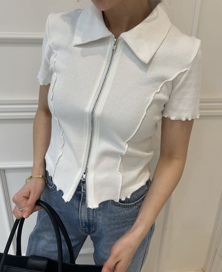 Pearls room - Korean Women Fashion - #womensfashion - Two-Way Zip Collar Tee - 7