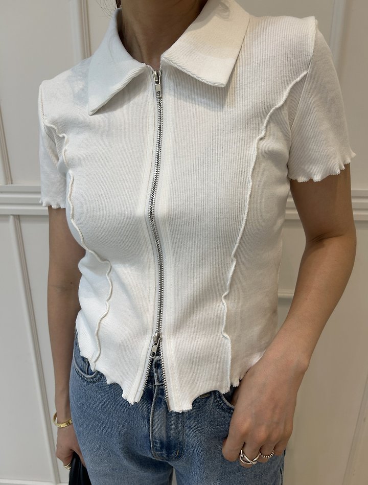 Pearls room - Korean Women Fashion - #womensfashion - Two-Way Zip Collar Tee - 9