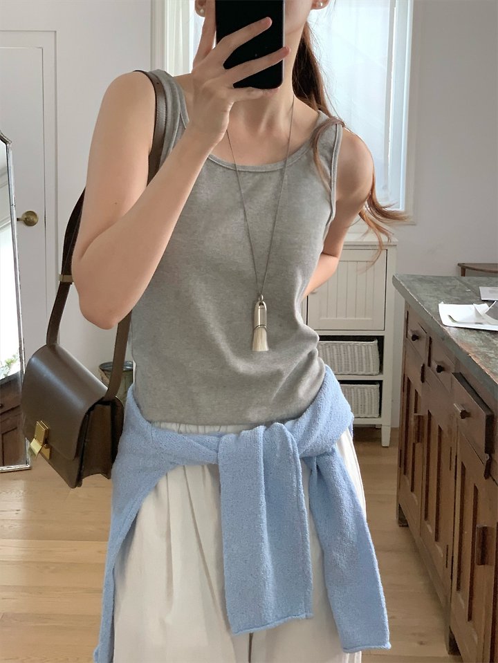 Pomelo - Korean Women Fashion - #womensfashion - Square Ribbed Sleeveless Top