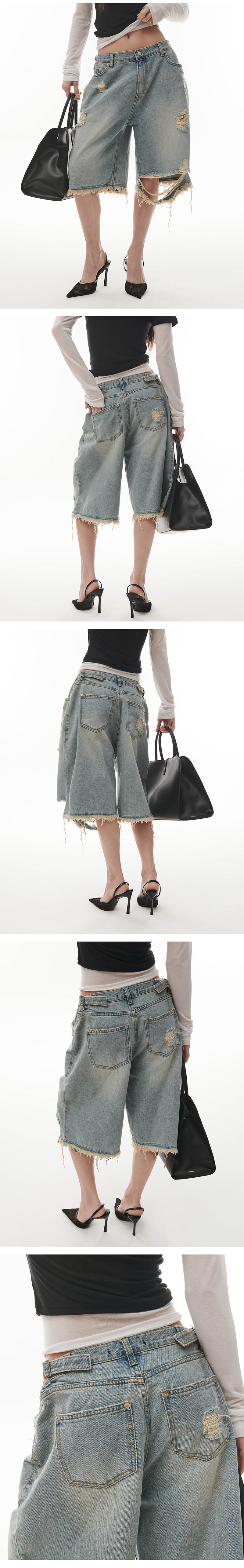 Project Wave - Korean Women Fashion - #momslook - Button Half Damge Denim Pant - 3