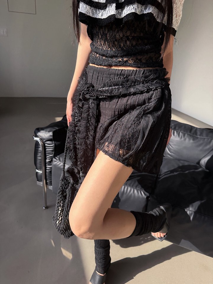Rare Closet - Korean Women Fashion - #restrostyle - Tie Belt Lace Skirt - 3
