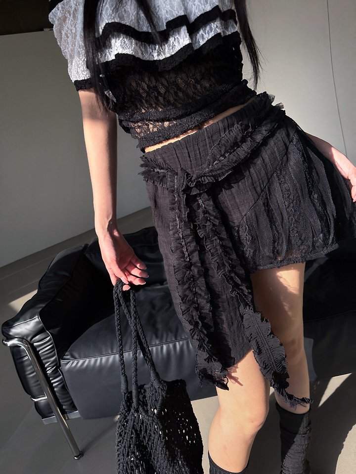 Rare Closet - Korean Women Fashion - #restrostyle - Tie Belt Lace Skirt - 4