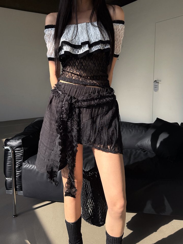 Rare Closet - Korean Women Fashion - #vintagekidsstyle - Tie Belt Lace Skirt